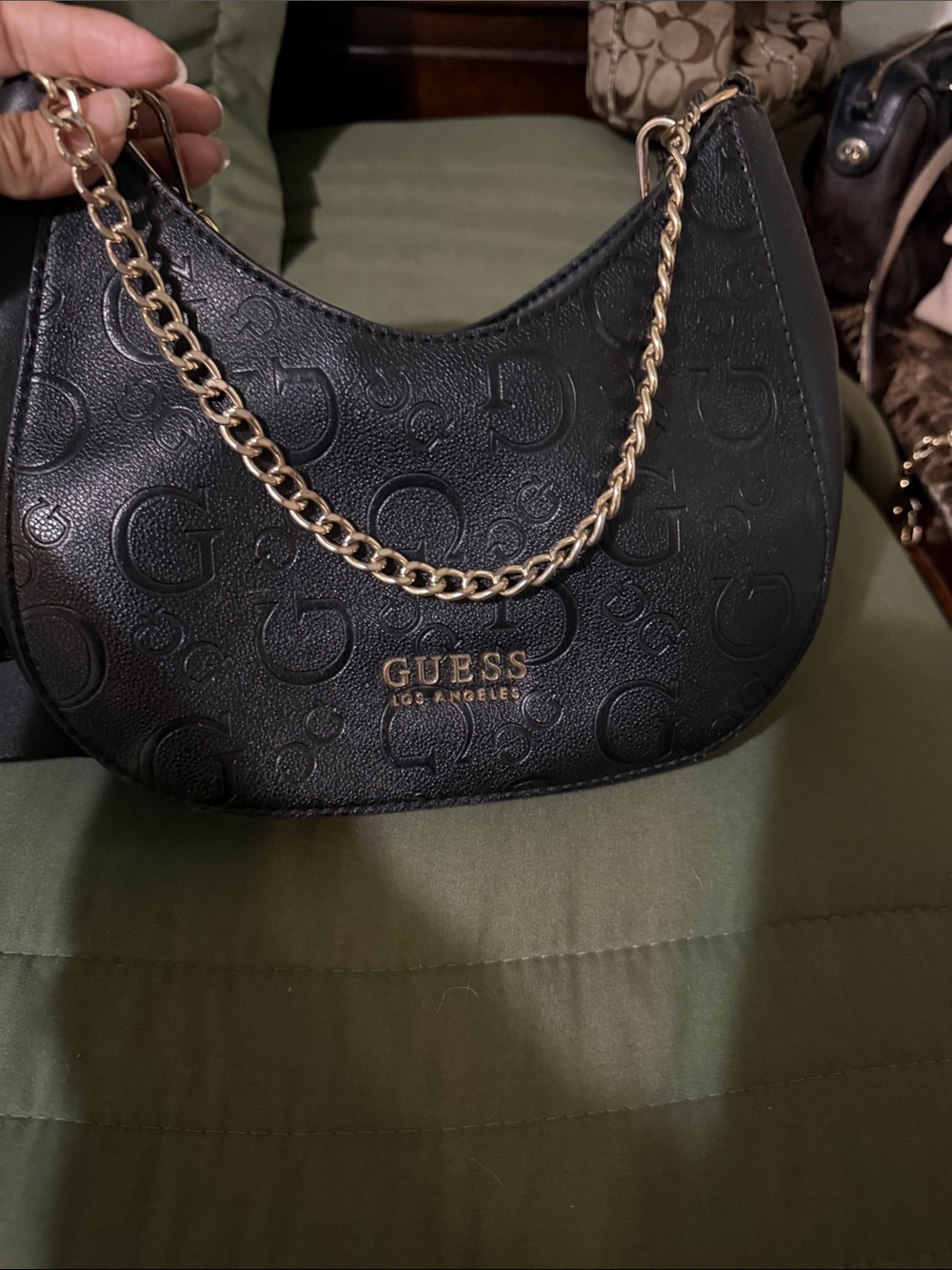 Guess Black Embossed Logo Shoulder Bag with Gold Chain